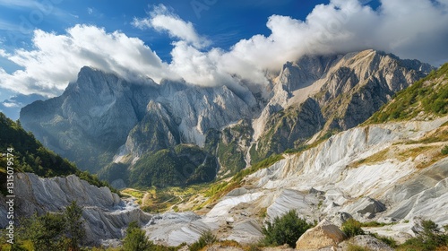 Majestic Cloud-Covered Apuan Alps in Massa Carrara: A Stunning Landscape with Marble Caves and Shoveling Activity in Tuscany, Italy