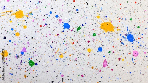 Colorful paint splatters on white surface (1)