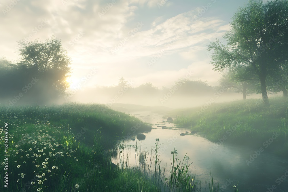 A serene landscape featuring a misty river, lush greenery, and soft morning light. A serene landscape featuring a misty river, lush greenery, and soft morning light.
