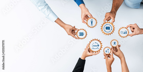 Engaging visual of diverse hands working together with gears and icons, symbolizing collaborative strategies for agile processes and effective business analysis. Amity
