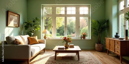 Serene living room interior design with a calming green wall, showcasing a comfortable sofa, wooden coffee table, and large windows offering a picturesque view of a lush garden