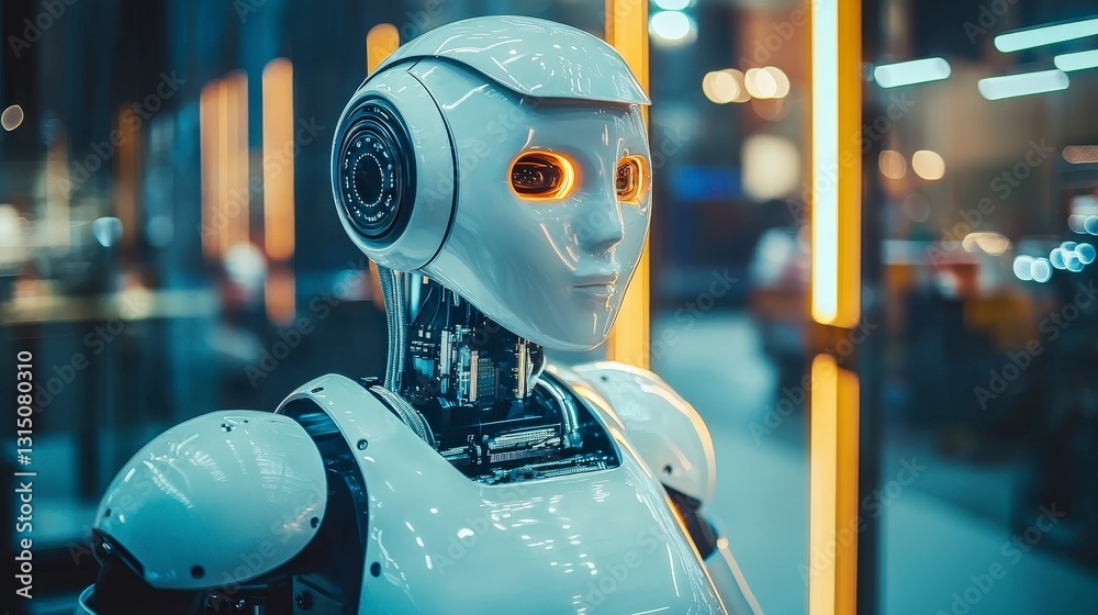 A humanoid robot featuring glowing orange eyes, representing a blend of advanced technology and human-like characteristics. A humanoid robot featuring glowing orange eyes, representing a blend of advanced technology and human-like characteristics.