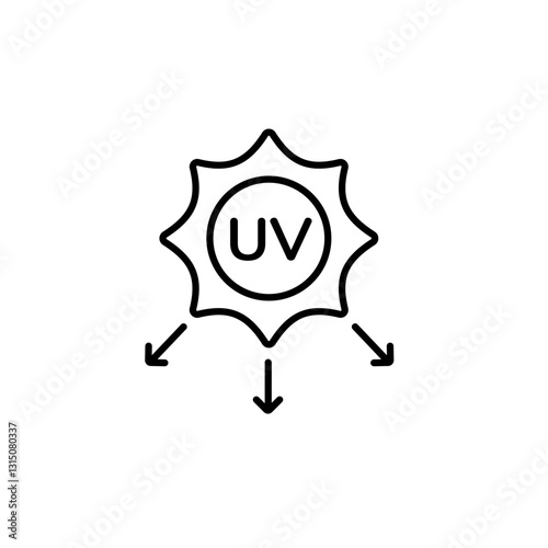 Black sun with uv letters and arrows showing ultraviolet rays direction and protection concept.