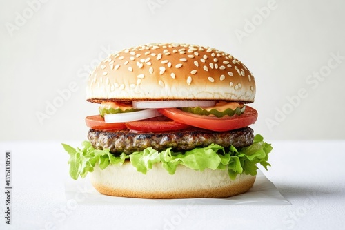 perfectly styled fast-food burger centered on white background with ample surrounding copy space capturing its juicy