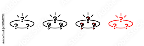 A set of question mark icons arranged in a circular pattern with variations in black and red. Represents curiosity or uncertainty