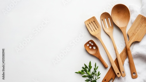 A set of bamboo kitchen utensils on a white isolated background photo