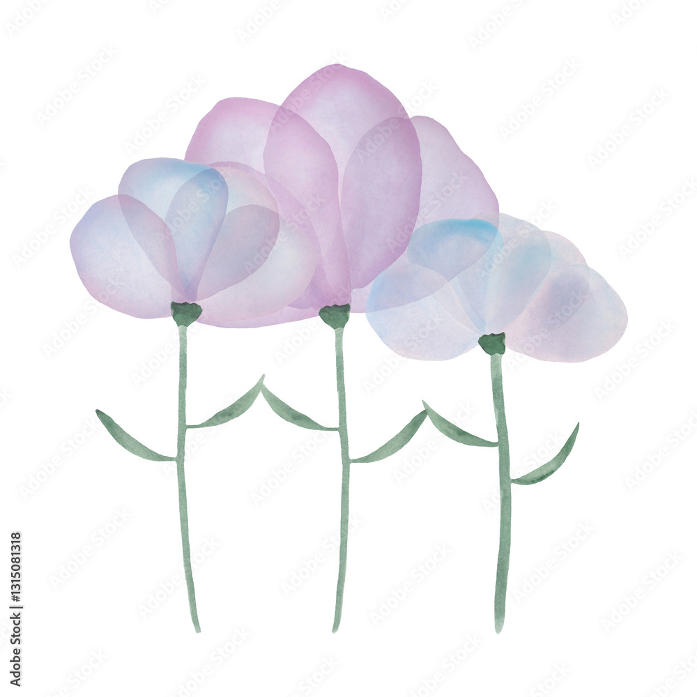 Group of purple watercolor flowers on white background. Conceptual watercolor illustration about togetherness, friendship and unity.
