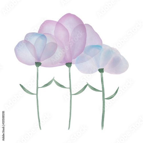 Group of purple watercolor flowers on white background. Conceptual watercolor illustration about togetherness, friendship and unity.