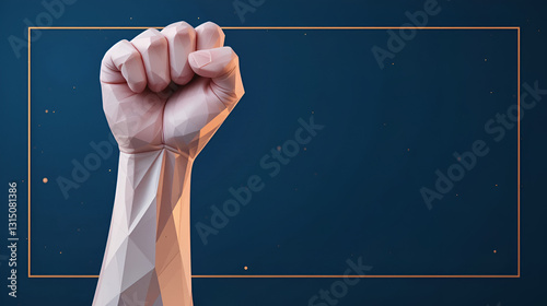 Fist. Low poly frame and dots. The concept of a polygonal 3D agreement on a dark blue background. Business concept with geometric triangle. Raster Abstract power