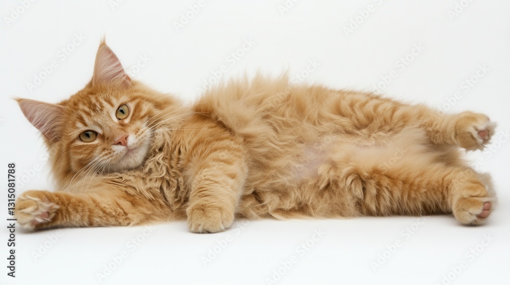 Adorable ginger maine coon cat lying on its side with fluffy fur on white background in studio shot Adorable ginger maine coon cat lying on its side with fluffy fur on white background in studio shot
