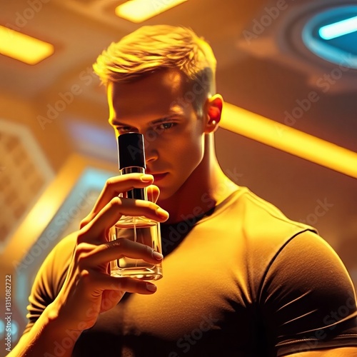 muscular guy in black shirt holding perfume and spraying himself