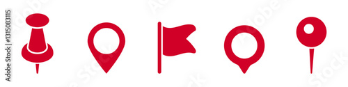 Red location markers and flags in various shapes for maps and navigation. simple and effective icons.