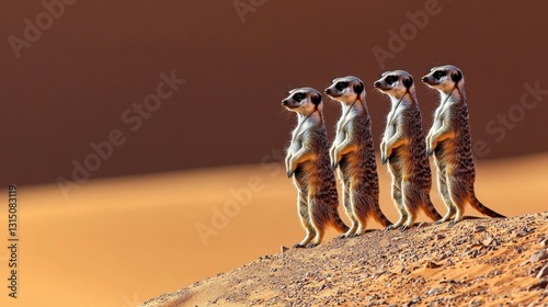 Meerkats standing vigil desert landscape wildlife natural habitat eye-level perspective community alertness