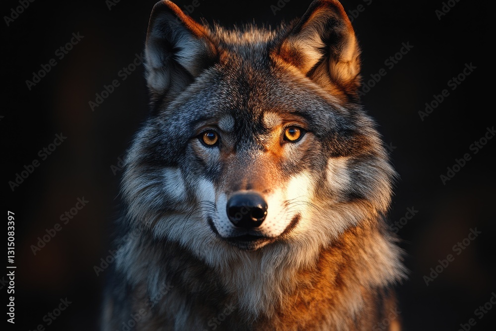 Fototapeta premium Wolf with piercing eyes in a dark forest setting surrounded by natural beauty during twilight