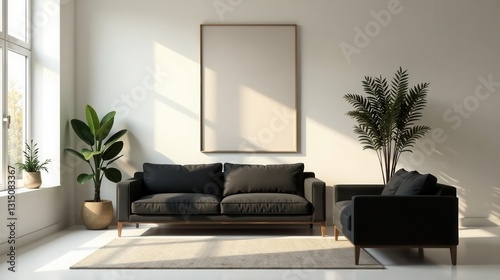 Modern minimalist living room interior design featuring a black leather sofa and armchair, potted plants, and a large blank frame on a light wall.