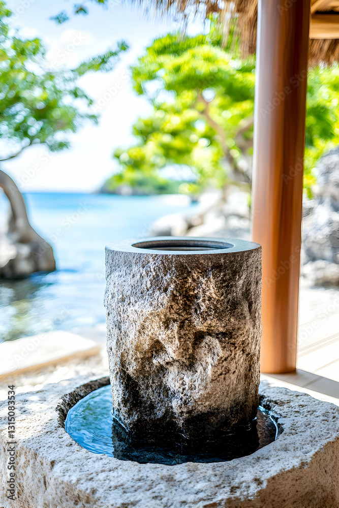 Stone water feature near sea, trees blurred in distance. Sunny day Stone water feature near sea, trees blurred in distance. Sunny day