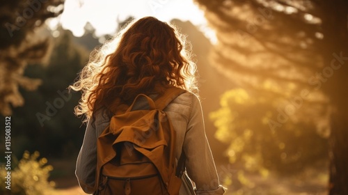 Back view of a curly-haired woman with a backpack walking through a sunlit forest