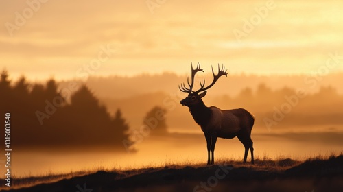 Majestic deer silhouette sunset tranquil forest wildlife golden hour side view nature beauty