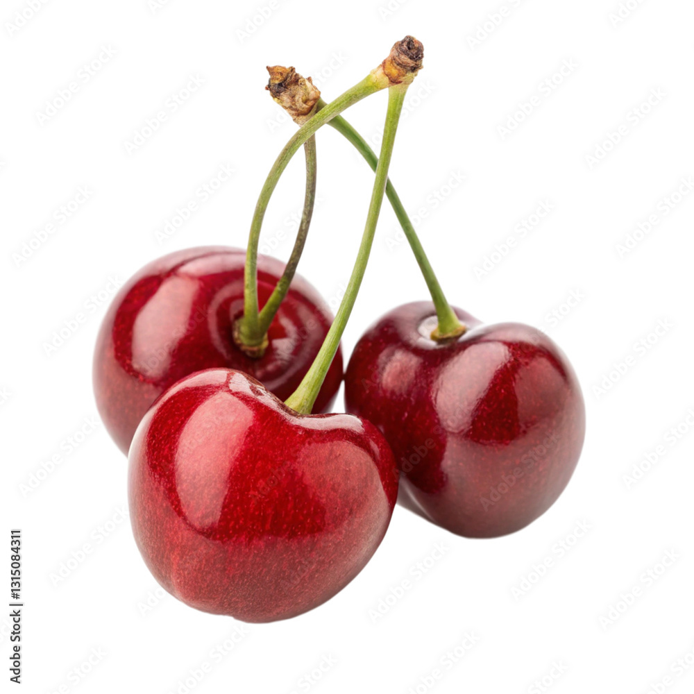 Three Fresh Cherries on Transparent Background Three Fresh Cherries on Transparent Background