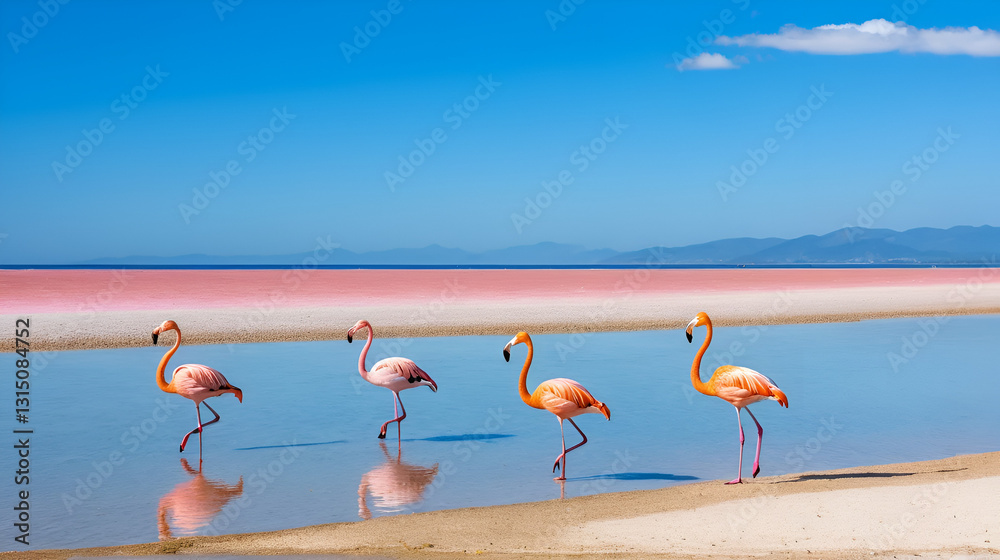 Obraz premium Group of flamingos on a sandy beach and bright blue sky