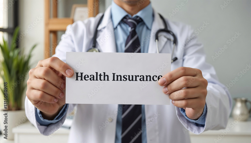 Health Insurance Concept, Doctor holding a paper writing health insurance on it Health Insurance Concept, Doctor holding a paper writing health insurance on it