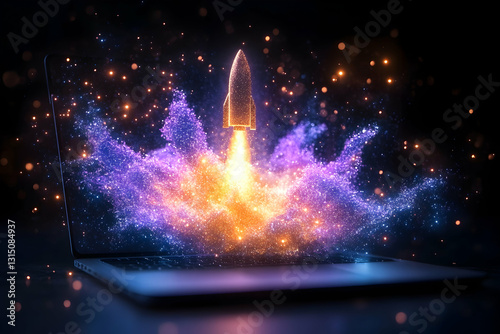 Rocket blasts off from a laptop screen amid bright orange and purple nebula