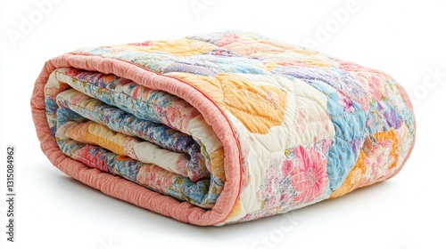 A beautiful hand-made quilt folded neatly on a white isolated background