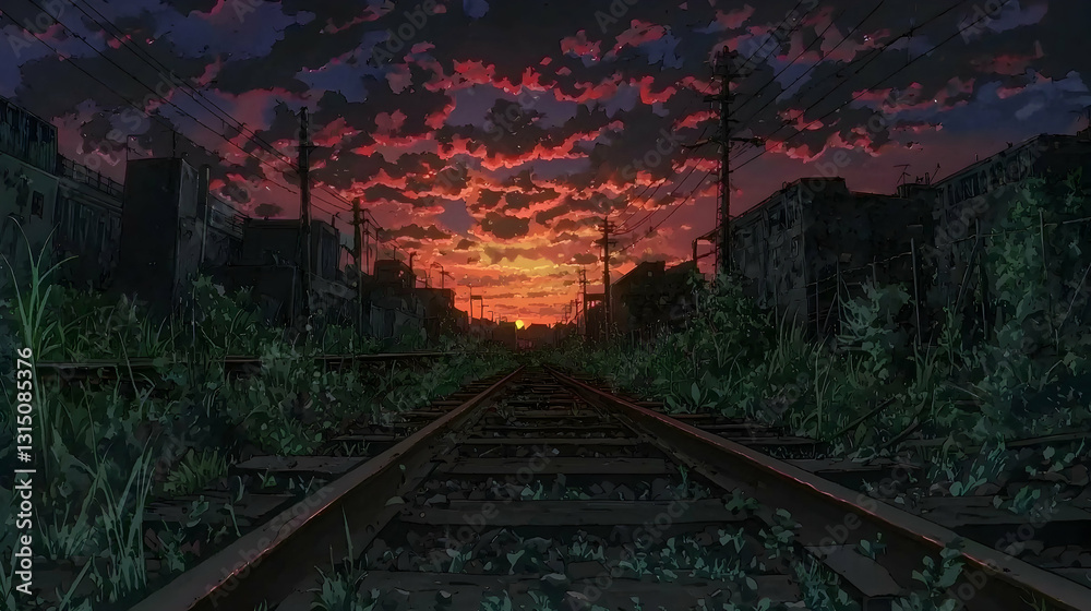 Naklejka premium Overgrown railway tracks at sunset in an abandoned city; post-apocalyptic setting, perfect for dystopian themes