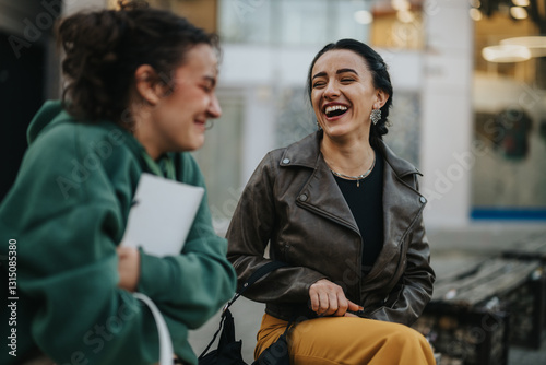 Two women share a joyful moment, laughing heartily while seated outside during a casual conversation.