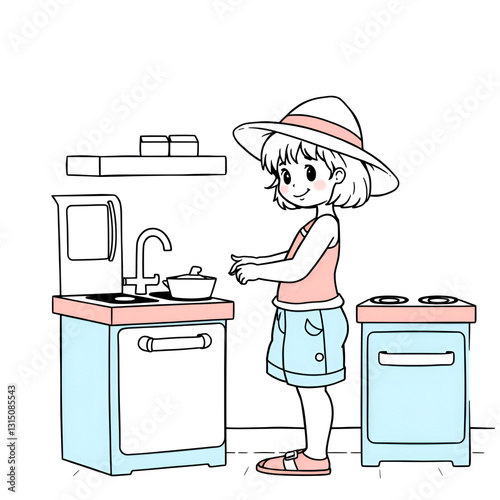 A preschool girl wearing a summer sunhat and shorts pretending to cook in a toy kitchen in a simple hand drawing flat line design