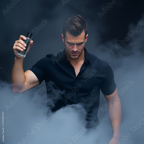 muscular guy in black shirt holding perfume and spraying himself