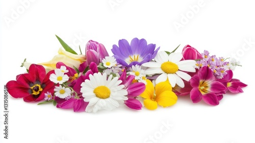 A vibrant bouquet of mixed flowers including daisies and tulips on a white isolated background