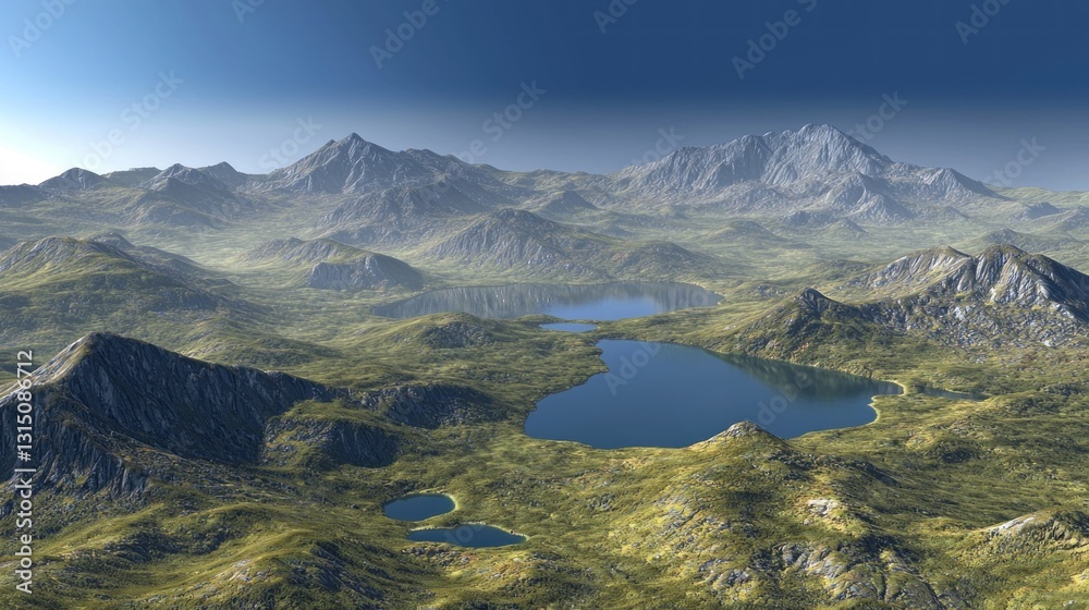 Fototapeta premium High-altitude view of alpine lakes and mountains, sunny day