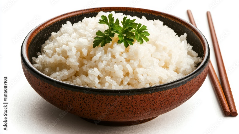 Close Up of Steamed White Rice in Brown Bowl with Chopsticks Close Up of Steamed White Rice in Brown Bowl with Chopsticks