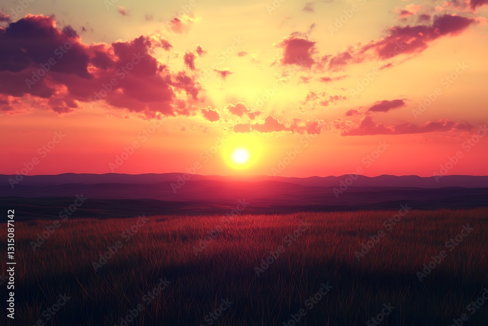 A serene sunset over rolling hills, casting warm hues across the landscape. A serene sunset over rolling hills, casting warm hues across the landscape.