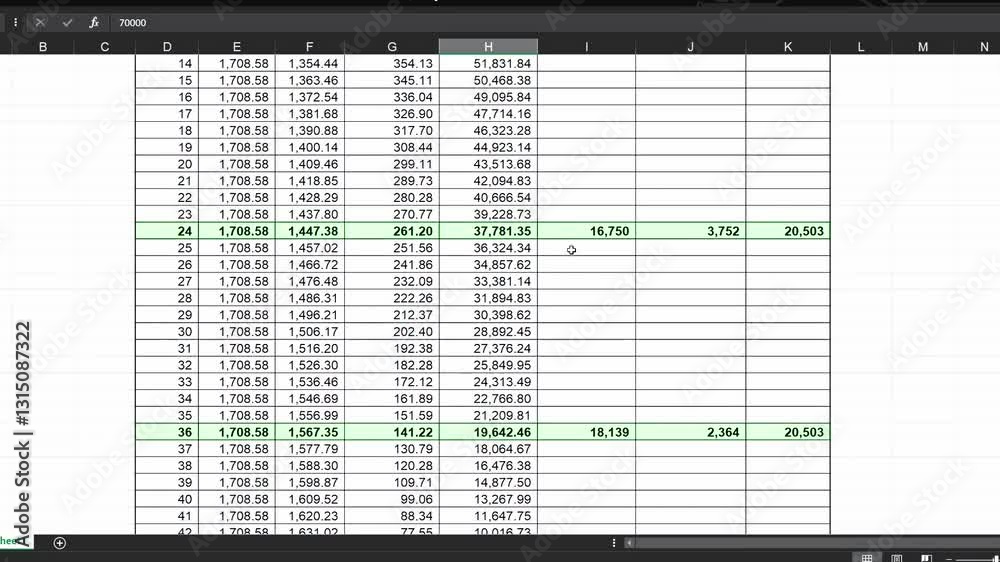 Footage of an dark mode excel sheet scrolled on computer screen showing bank loan amortization table, data changing. Banking