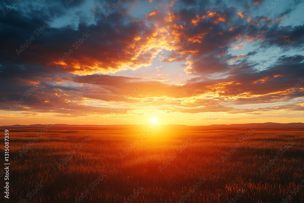 A breathtaking sunset over a grassy field with vibrant clouds. A breathtaking sunset over a grassy field with vibrant clouds.