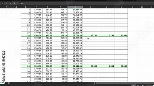 Footage of an dark mode excel sheet scrolled on computer screen showing bank loan amortization table, data changing. Banking