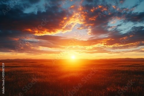 A breathtaking sunset over a grassy field with vibrant clouds.