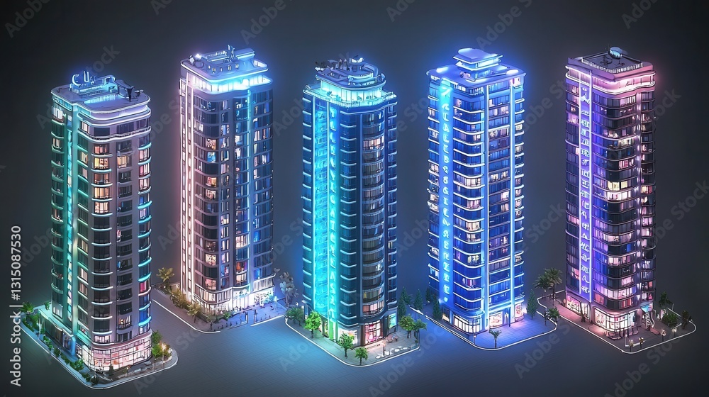 Obraz premium Modern Urban Skyscrapers with Neon Lighting in a Night Cityscape