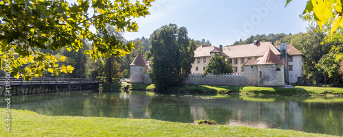 Panoramic view of Otocec Castle at small island in Krka river in Slovenia