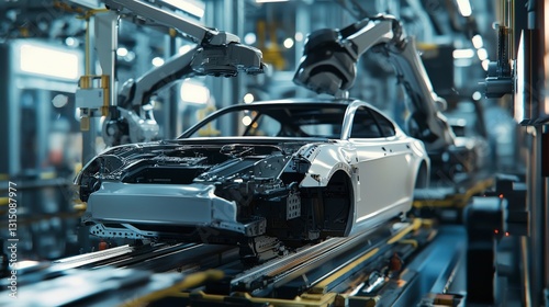 Wallpaper Mural A vehicle frame progresses along an assembly line, surrounded by multiple robotic arms, illustrating a high-tech automotive manufacturing process. Torontodigital.ca