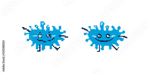 Two cartoon-style blue microbes with smiling faces and distinct tentacle-like projections stand out.