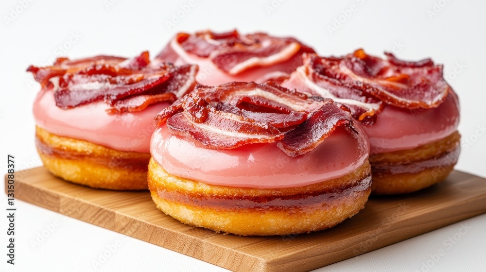 Four Pink Glazed Donuts Topped with Crispy Bacon on Wooden Board Four Pink Glazed Donuts Topped with Crispy Bacon on Wooden Board