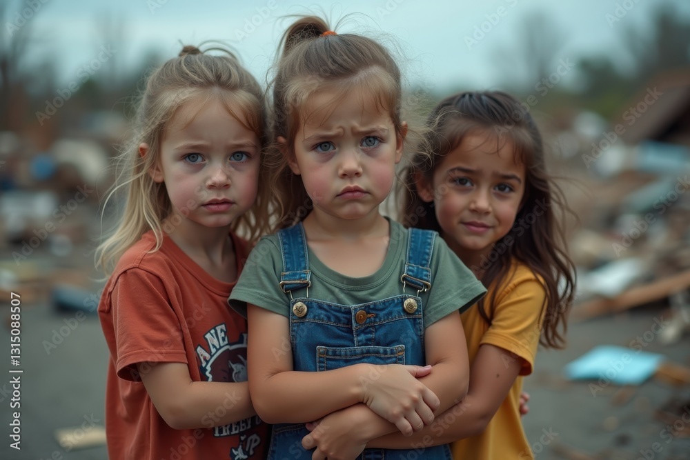 Fototapeta premium Children embrace each other amidst destruction