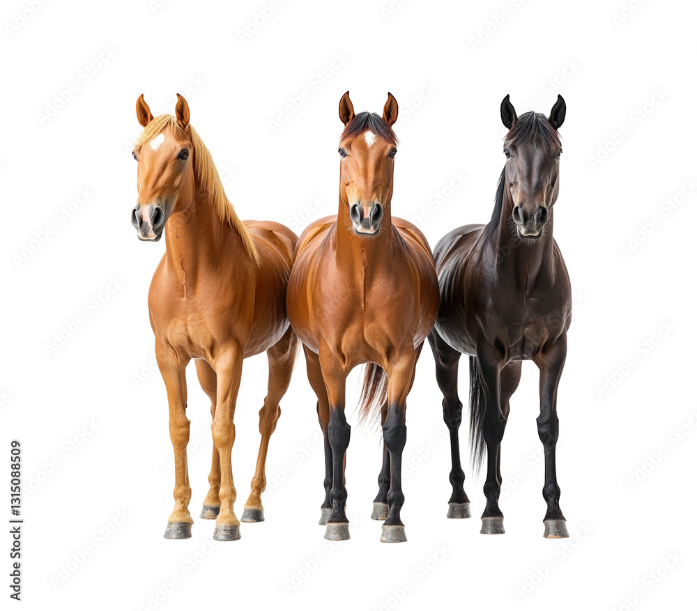 Fototapeta premium Horses standing together in white isolated on transparent background, png