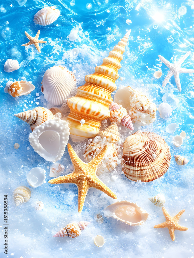 Shells and starfish scattered on a sparkling blue, sandy beach Shells and starfish scattered on a sparkling blue, sandy beach