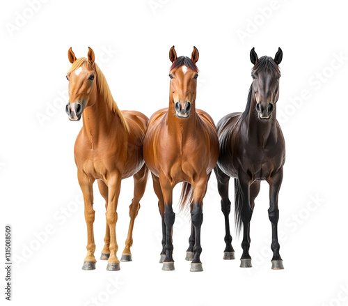 Horses standing together in white isolated on transparent background, png