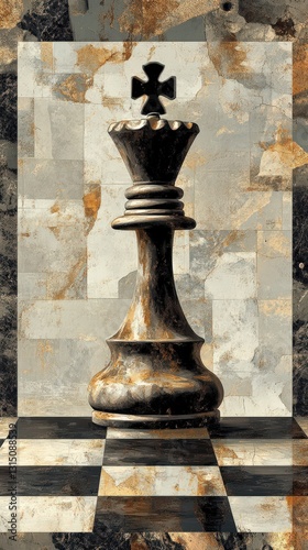 A Black Chess Queen Stands On A Distressed Board