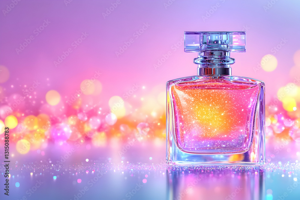 Shimmering pink-orange perfume bottle with bokeh background and elegant crystal cap design